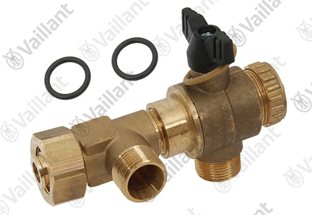 Vaillant Anschluss-Set aus Messing mit zwei O-Ringen. Das Set beinhaltet eine Fülleinrichtung mit verschiedenen Anschlussmöglichkeiten für Heizungsanlagen.